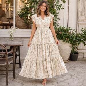 Mikarose Cream Floral Maxi Dress Smocked Waist Tiered V Neck XS Boho